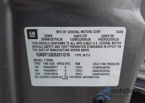 2006 Chevrolet Trailblazer Lt из США, поврежденный, VIN 1GNDT13S262311218